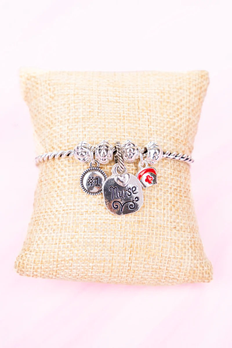 Silver Tone Nurse Charm Twisted Bracelet