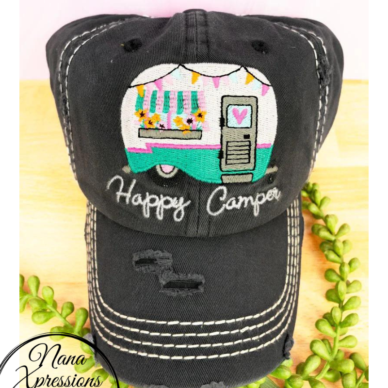 Distressed Happy Camper Black Baseball Cap