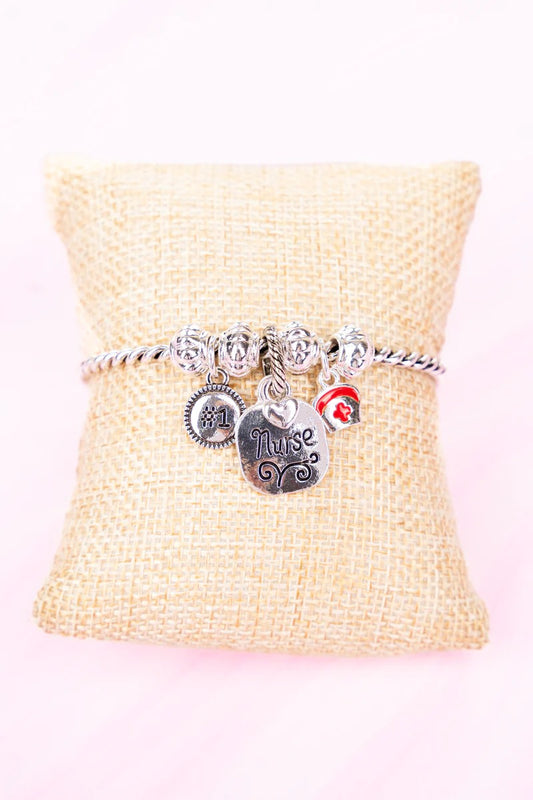 Silver Tone Nurse Charm Twisted Bracelet