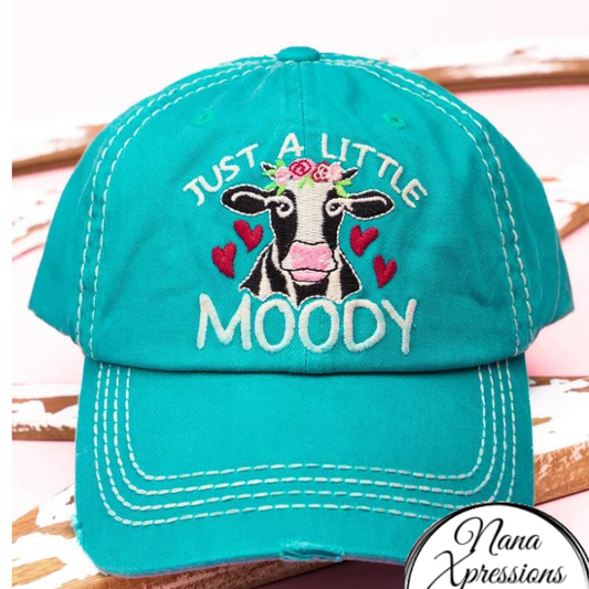 Distressed Turquoise 'Little Moody' Cow Baseball Cap