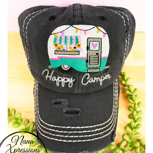 Distressed Happy Camper Black Baseball Cap