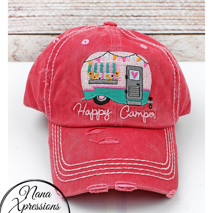Distressed Happy Camper Salmon Baseball Cap