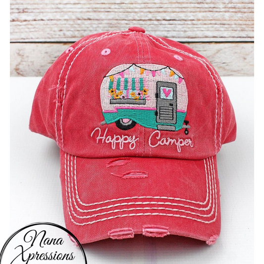 Distressed Happy Camper Salmon Baseball Cap