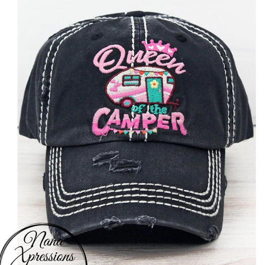 Distressed Queen of the Camper Black Baseball Cap